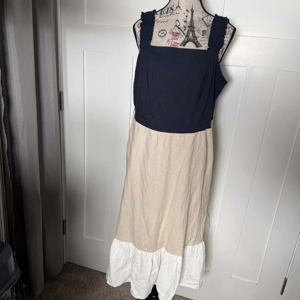 52seven Womens Colorblock Linen Blend Smocked Midi Dress Navy Tan White 1X